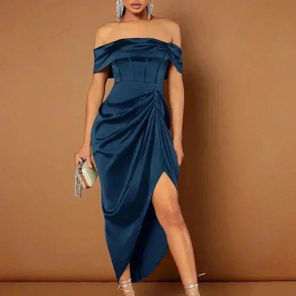 . Dresses & Skirts - Blue Preppy Womens Off Shoulder Ruched Draped Asymmetrical Hem Dress